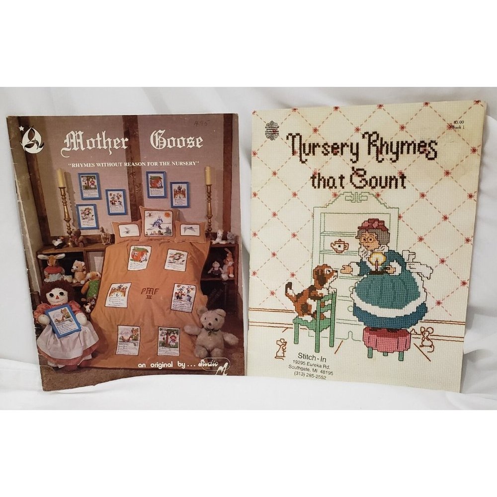 2 MOTHER GOOSE NURSERY RHYME counted thread Cross Stitch Charts Pattern Books